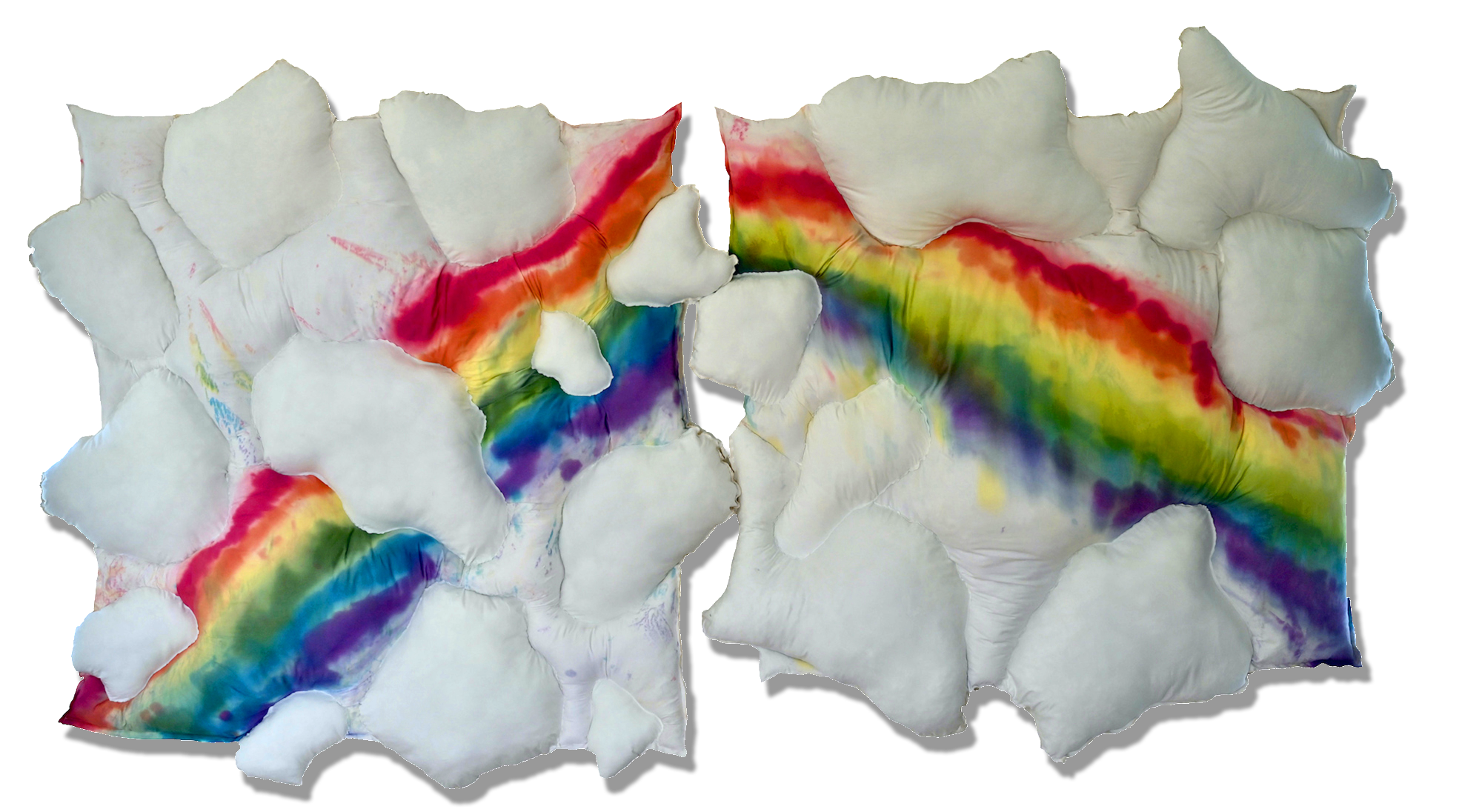 Rainbow Bridge Diptych 2021 Textile 155" x 10" x 104" Super stuffed, Hand dyed textile waste, reused fiberfill, fiber stabilizer, thread.