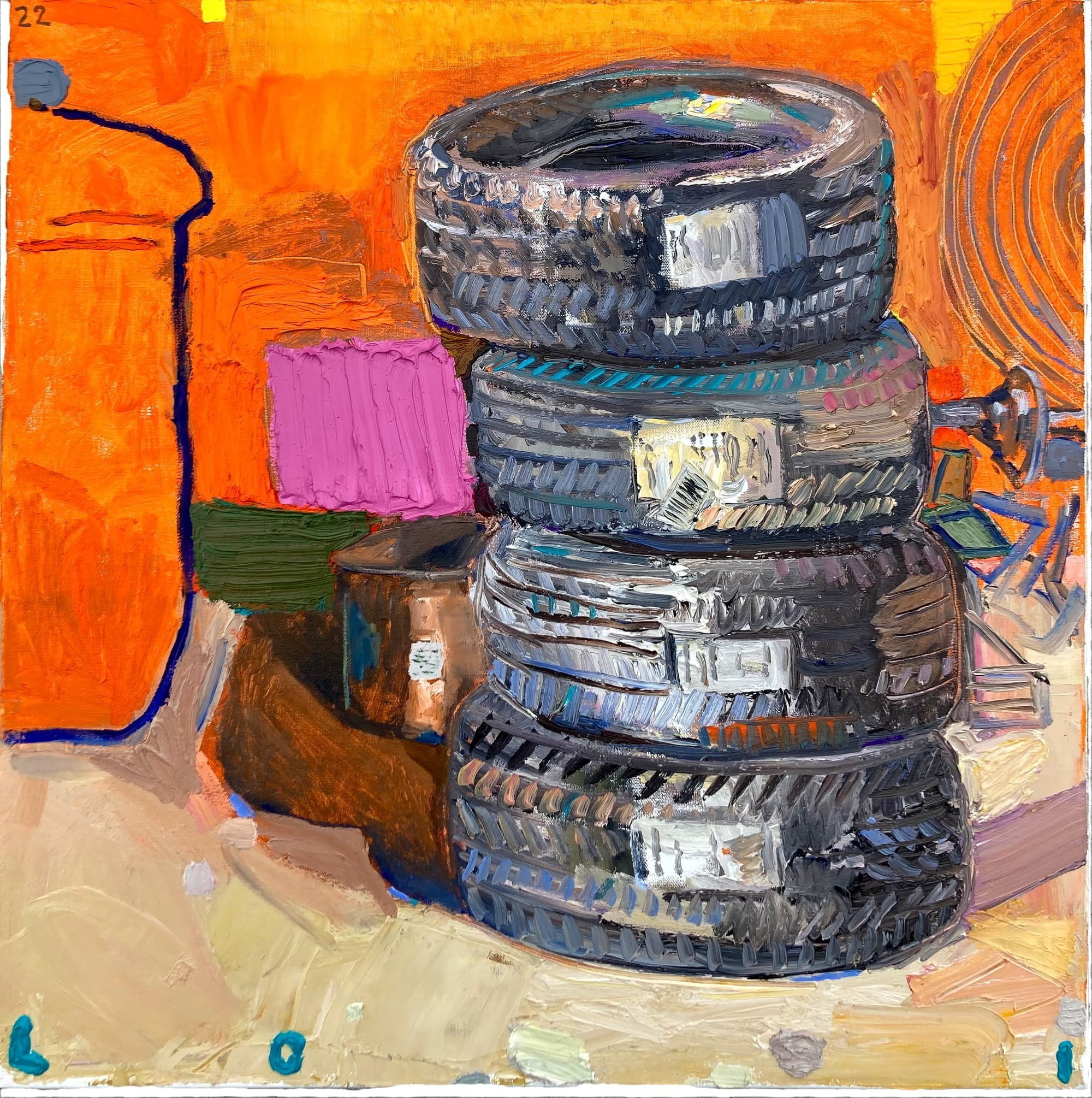 Jefreid Lotti | Orange Tires, 2022 | 20"x20"in, Oil on linen