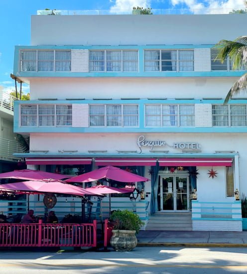 Penguin Hotel flat roof architecture design elements in three Art Deco South Beach Miami