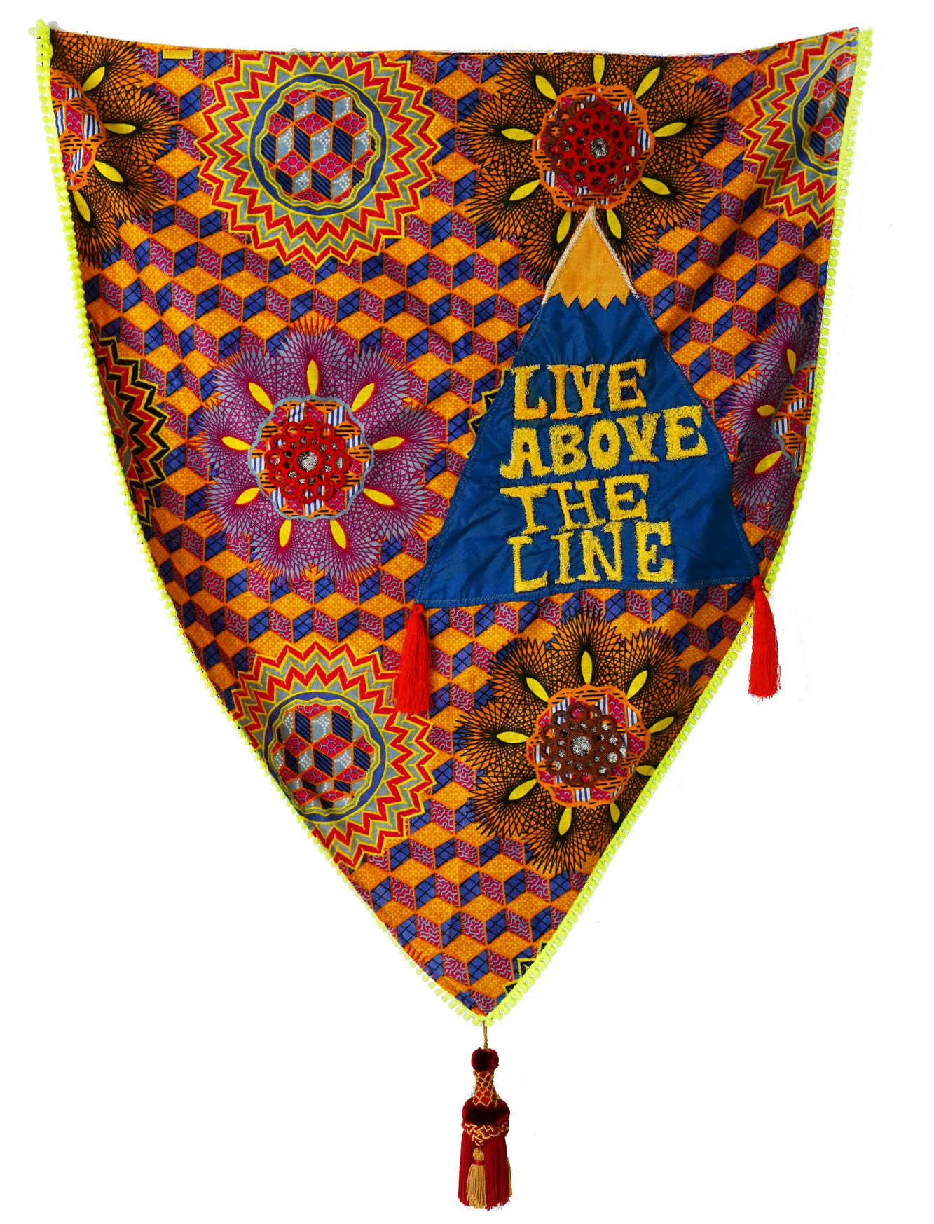 Live Above the Line, embroidery on Kente cloth, 2019, 20 x 35, $3000