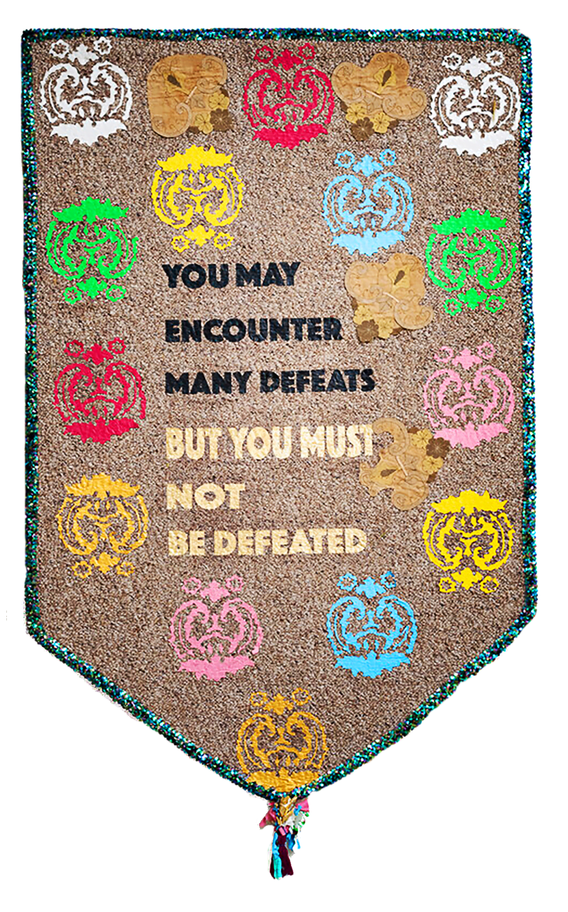 Never Defeated, 2019, Appliqué and iron-on transfer vinyl on a repurposed rug, 5 x 7 ft